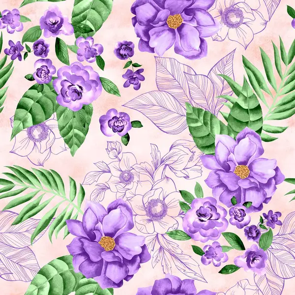 Watercolor flowers pattern, purple tropical elements, green leaves, white background, seamless