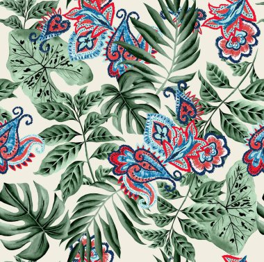 Suluboya deseni, kırmızı ve mavi şal desenleri, yeşil yapraklar, beyaz arkaplan, pürüzsüz