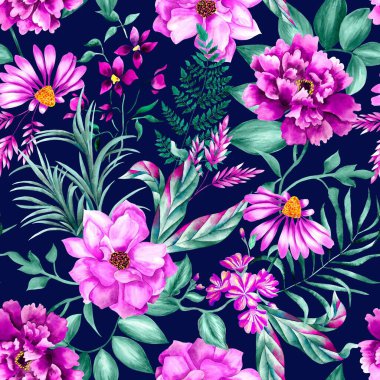 Suluboya çiçek deseni, mor tropikal elementler, yeşil yapraklar, lacivert arka plan, pürüzsüz