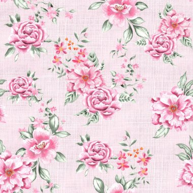 Suluboya çiçek deseni, pembe romantik güller, yeşil yapraklar, pembe arka plan, pürüzsüz