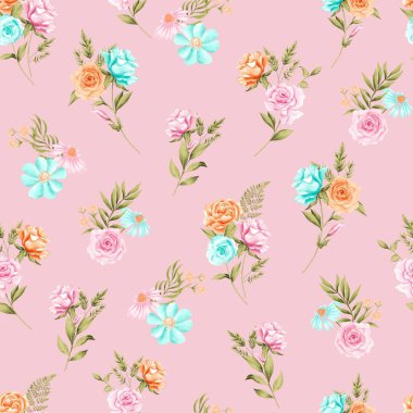 Suluboya çiçek deseni, mavi, pembe ve turuncu tropikal elementler, yeşil yapraklar, pembe arka plan, pürüzsüz