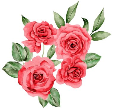 Watercolor Bouquet of flowers, isolated, white background, red roses and green leaves