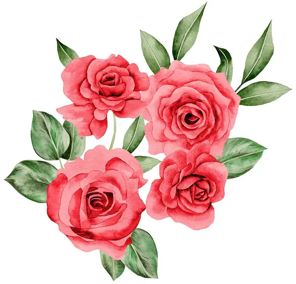 Watercolor Bouquet of flowers, isolated, white background, red roses and green leaves