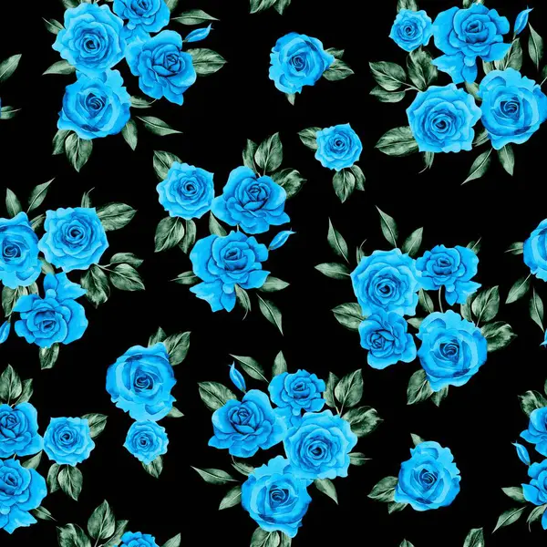 Watercolor flowers pattern, blue roamntic roses, green leaves, black background, seamless