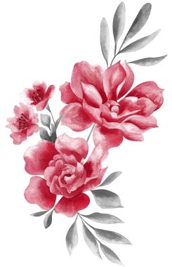 Watercolor Bouquet of flowers, isolated, white background, red roses and green leaves