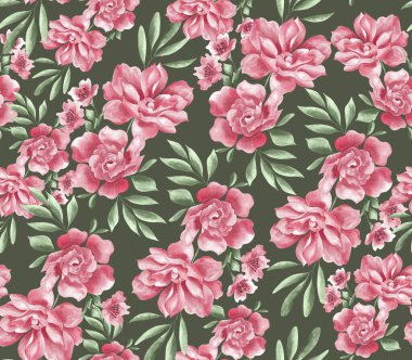 Suluboya çiçek deseni, kırmızı tropik çiçekler, yeşil yapraklar, yeşil arka plan, pürüzsüz