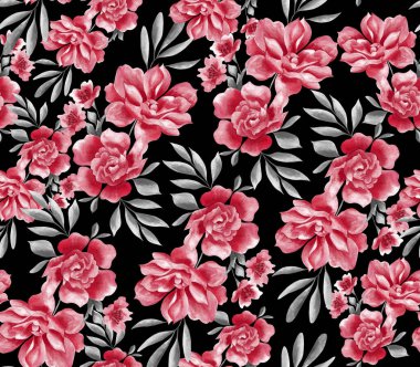 Suluboya çiçek deseni, kırmızı tropikal çiçekler, yeşil yapraklar, siyah arka plan, pürüzsüz