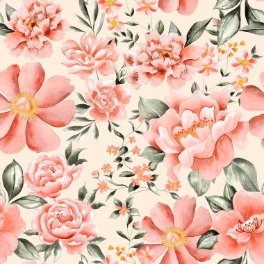 Suluboya çiçek deseni, turuncu tropikal çiçekler, yeşil yapraklar, beyaz arka plan, pürüzsüz