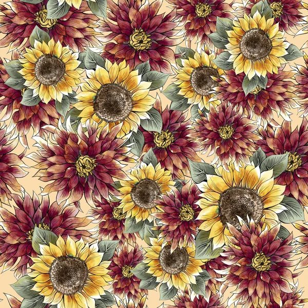 Watercolor flowers pattern, red tropical elements, yellow sunflowers, green leaves, white background, seamless