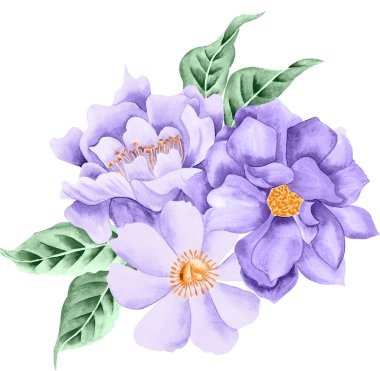 Çiçek buketi, soyutlanmış, beyaz arka plan, lavanda rengi ve yeşil yapraklar.