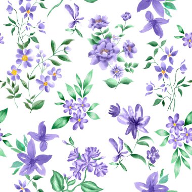 Suluboya çiçek deseni, lavanda rengi tropikal elementler, yeşil yapraklar, beyaz arka plan, pürüzsüz