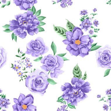 Suluboya çiçek deseni, lavanda rengi tropikal elementler, yeşil yapraklar, beyaz arka plan, pürüzsüz