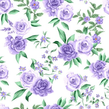 Suluboya çiçek deseni, lavanda rengi tropikal elementler, yeşil yapraklar, beyaz arka plan, pürüzsüz