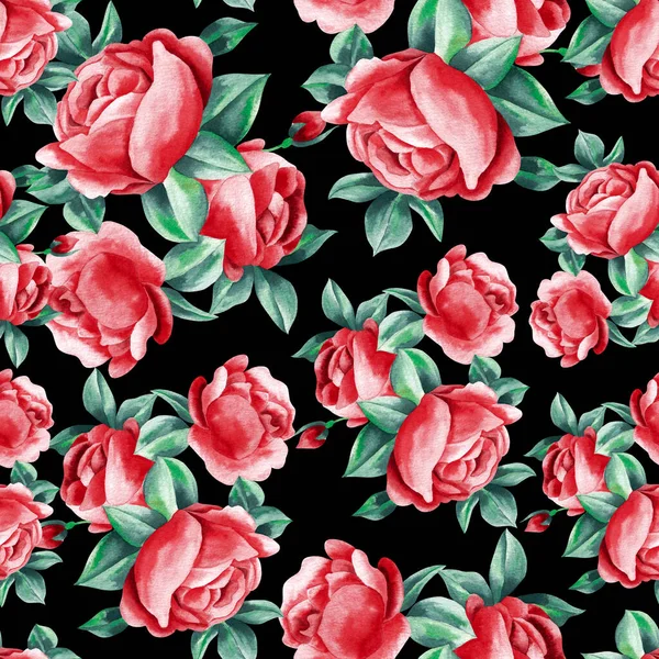 Watercolor flowers pattern, red tropical elements, green leaves, black background, seamless