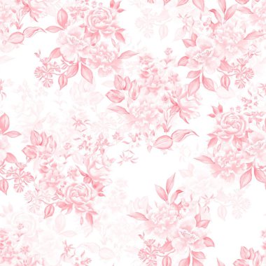 Watercolor flowers pattern, pink tropical elements, green leaves, white background, seamless