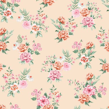 Suluboya çiçek deseni, pembe ve turuncu çiçekler, yeşil yapraklar, altın arka plan, pürüzsüz