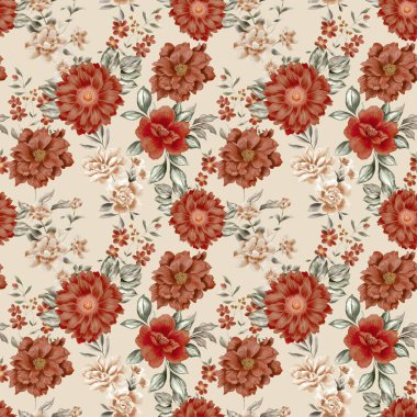 Watercolor flowers pattern, red tropical elements, green leaves, white background, seamless
