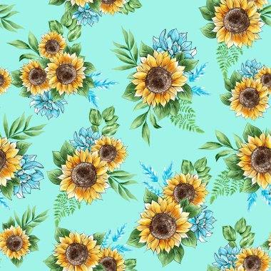 Suluboya çiçek desenleri, sarı ayçiçekleri ve mavi güller, yeşil yapraklar, mavi arka plan, pürüzsüz