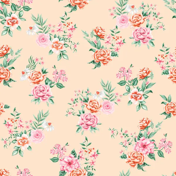 Suluboya çiçek deseni, pembe ve turuncu çiçekler, yeşil yapraklar, altın arka plan, pürüzsüz