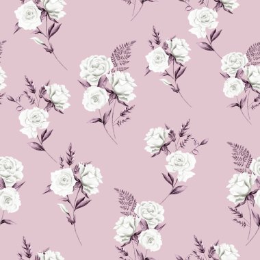 Suluboya çiçek deseni, beyaz tropikal elementler, pembe yapraklar, pembe arka plan, pürüzsüz