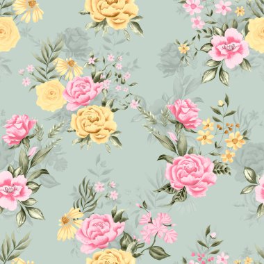 Watercolor flowers pattern, pink and yellow tropical elements, green leaves, green background, seamless