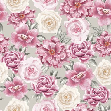 Watercolor flowers pattern, red tropical elements, green leaves, gray background, seamless