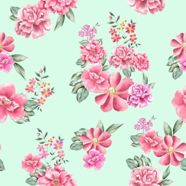 Watercolor flowers pattern, red tropical elements, green leaves, green background, seamless