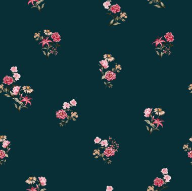 Suluboya çiçek desenleri, kırmızı tropikal elementler, yeşil yapraklar, koyu yeşil arka plan, pürüzsüz