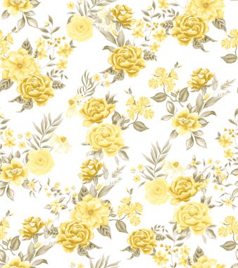 Suluboya çiçek desenleri, sarı romantik güller, yeşil yapraklar, beyaz arka plan, pürüzsüz