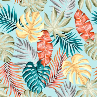 Suluboya yaprakları deseni, mavi, gri, yeşil ve turuncu yapraklar, mavi arka plan, pürüzsüz