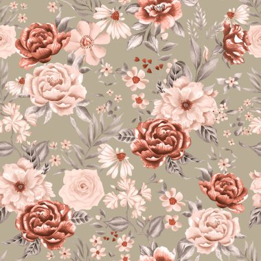 Watercolor flowers pattern, red tropical elements, green leaves, green background, seamless