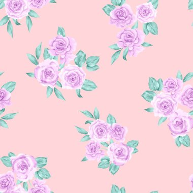 Suluboya çiçek deseni, mor tropikal elementler, yeşil yapraklar, pembe arka plan, pürüzsüz