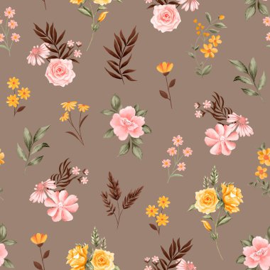 Suluboya çiçek deseni, sarı ve pembe tropikal elementler, yeşil yapraklar, kahverengi arka plan, pürüzsüz