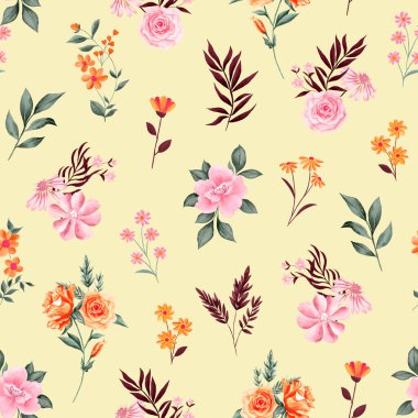 Suluboya çiçek deseni, turuncu ve pembe tropikal elementler, yeşil yapraklar, sarı arka plan, pürüzsüz