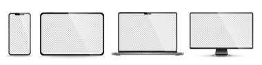 Aygıt ekran modeli. Akıllı telefon, tablet, dizüstü bilgisayar ve monoblock monitörü, sizin için boş ekran. PNG. Vektör illüstrasyonu