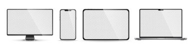 Aygıt ekran modeli. Akıllı telefon, tablet, dizüstü bilgisayar ve monoblock monitörü, sizin için boş ekran. PNG. Vektör illüstrasyonu