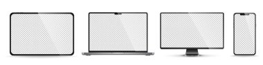 Aygıt ekran modeli. Akıllı telefon, tablet, dizüstü bilgisayar ve monoblock monitörü, sizin için boş ekran. PNG. Vektör illüstrasyonu