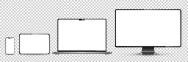 Aygıt ekran modeli. Akıllı telefon, tablet, dizüstü bilgisayar ve monoblock monitörü, sizin için boş ekran. PNG. Vektör illüstrasyonu