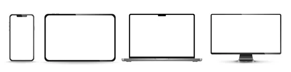 デバイス画面のモックアップ スマートフォン タブレット ラップトップ モノブロックモニター あなたのデザインのための空白の画面があります Png ベクターイラスト — ストックベクタ