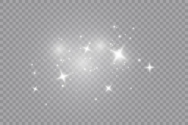 白い火花と金色の星は特別な光で輝きます ベクトルは透明な背景に輝きます クリスマスライト効果 輝く魔法の塵粒子 — ストックベクタ