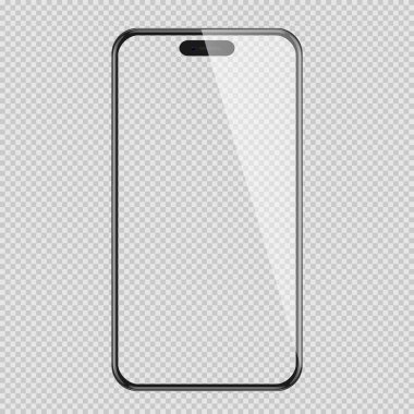 Şeffaf arka planda izole edilmiş gerçekçi siyah akıllı telefon modeli. Vektör illüstrasyonu.