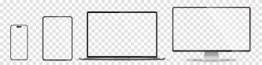 Aygıt ekran modeli. Akıllı telefon, tablet, dizüstü bilgisayar ve monoblock monitörü, sizin için boş ekran. Hisse senedi serbest vektör illüstrasyonu. PNG