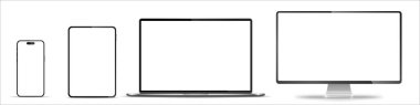 Aygıt ekran modeli. Akıllı telefon, tablet, dizüstü bilgisayar ve monoblock monitörü, sizin için boş ekran. Hisse senedi serbest vektör illüstrasyonu. PNG