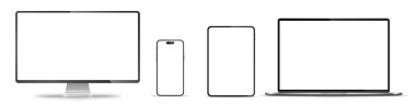 Aygıt ekran modeli. Akıllı telefon, tablet, dizüstü bilgisayar ve monoblock monitörü, sizin için boş ekran. Hisse senedi serbest vektör illüstrasyonu. PNG