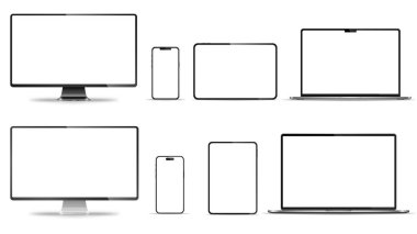 Aygıt ekran modeli. Akıllı telefon, tablet, dizüstü bilgisayar ve monoblock monitörü, sizin için boş ekran. Hisse senedi serbest vektör illüstrasyonu. PNG