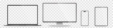 Aygıt ekran modeli. Akıllı telefon, tablet, dizüstü bilgisayar ve monoblock monitörü, sizin için boş ekran. Hisse senedi serbest vektör illüstrasyonu. PNG
