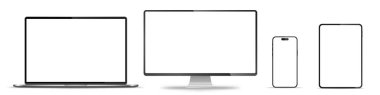 Aygıt ekran modeli. Akıllı telefon, tablet, dizüstü bilgisayar ve monoblock monitörü, sizin için boş ekran. Hisse senedi serbest vektör illüstrasyonu. PNG