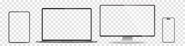 Aygıt ekran modeli. Akıllı telefon, tablet, dizüstü bilgisayar ve monoblock monitörü, sizin için boş ekran. Hisse senedi serbest vektör illüstrasyonu. PNG