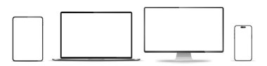 Aygıt ekran modeli. Akıllı telefon, tablet, dizüstü bilgisayar ve monoblock monitörü, sizin için boş ekran. Hisse senedi serbest vektör illüstrasyonu. PNG