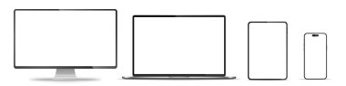 Aygıt ekran modeli. Akıllı telefon, tablet, dizüstü bilgisayar ve monoblock monitörü, sizin için boş ekran. Hisse senedi serbest vektör illüstrasyonu. PNG